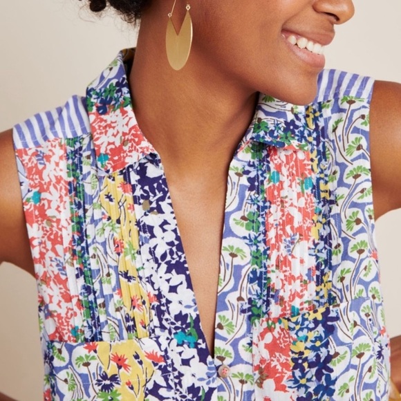 Anthropologie Maeve Colorful Whimsical Pintucked Sleeveless Blouse Size Small - Picture 2 of 11